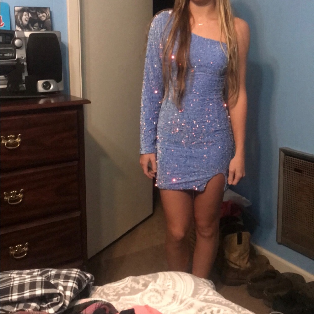 Sequin One-Shoulder Mini Dress in Lavender Blue